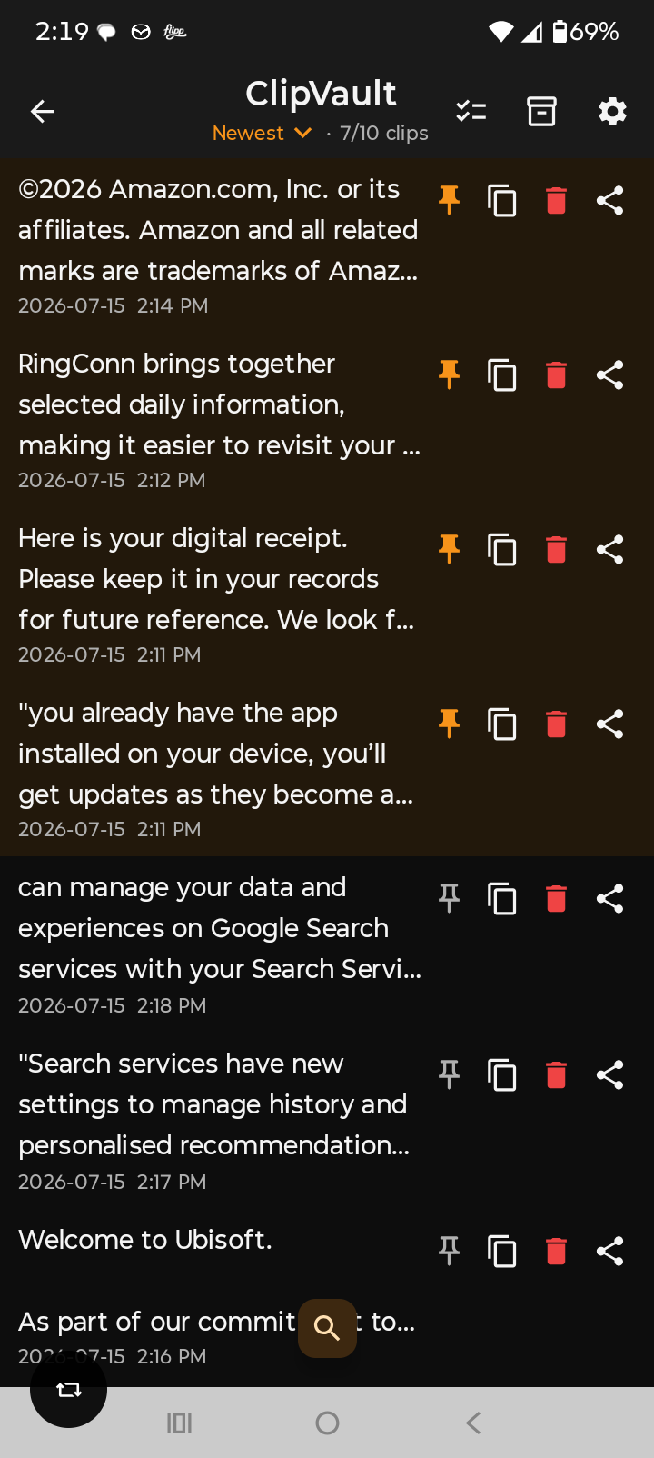 ClipVault list with pinned clips at the top