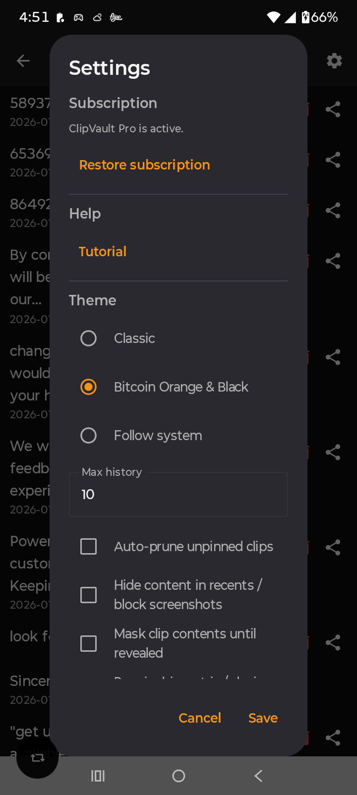 ClipVault settings screen