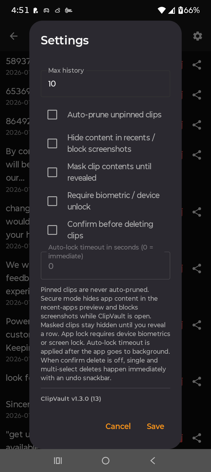 ClipVault settings screen continued