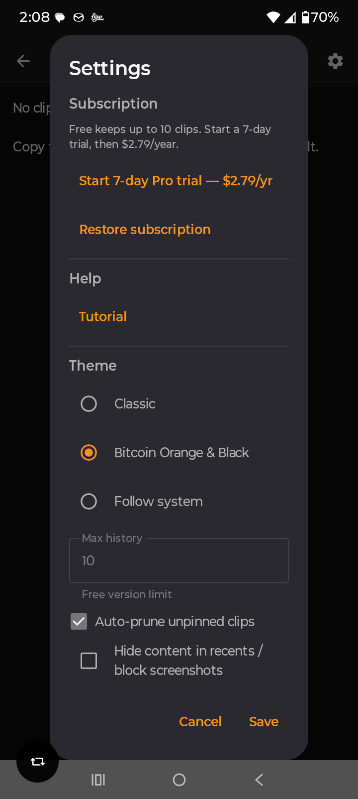 ClipVault settings with start trial