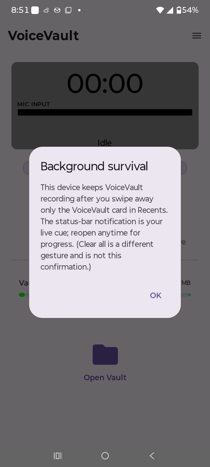 VoiceVault background survival status dialog