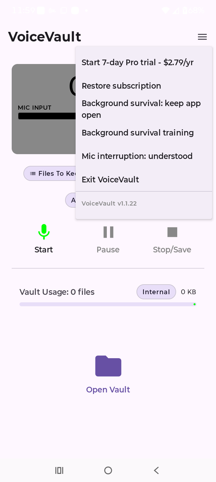VoiceVault Pro and restore menu