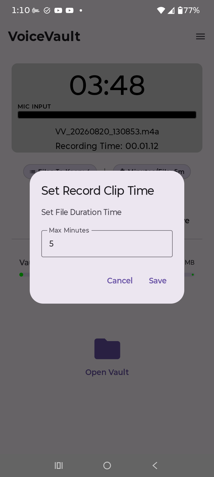 VoiceVault set record clip time dialog